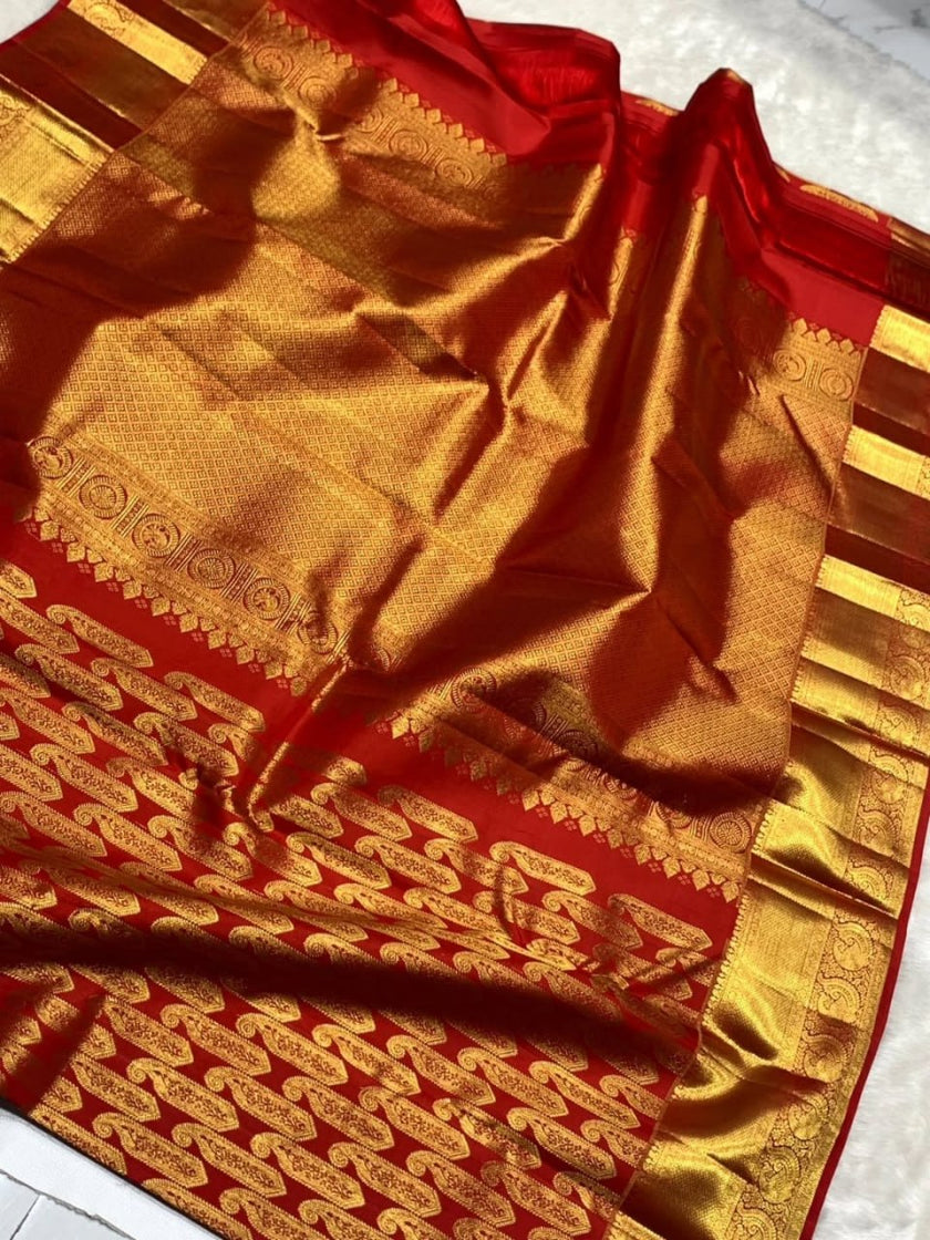 Red & Gold Banarasi Silk Saree with Paisley Zari Border
