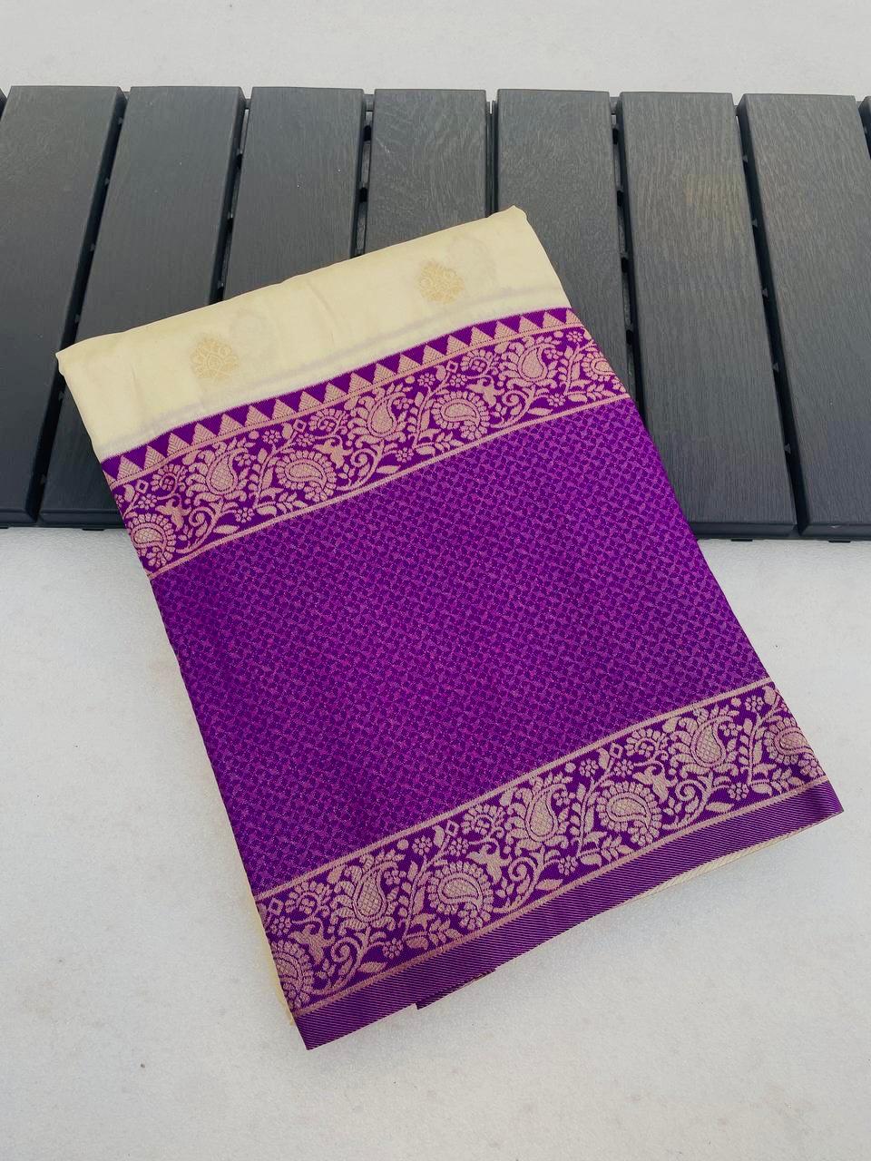 Royal Purple & Cream Banarasi Silk Saree