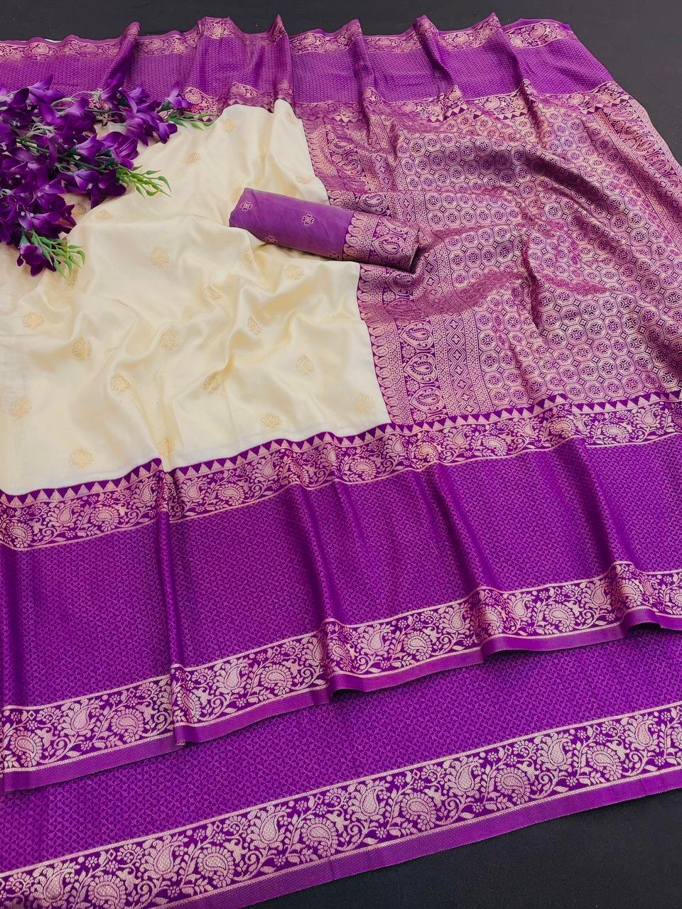Royal Purple & Cream Banarasi Silk Saree