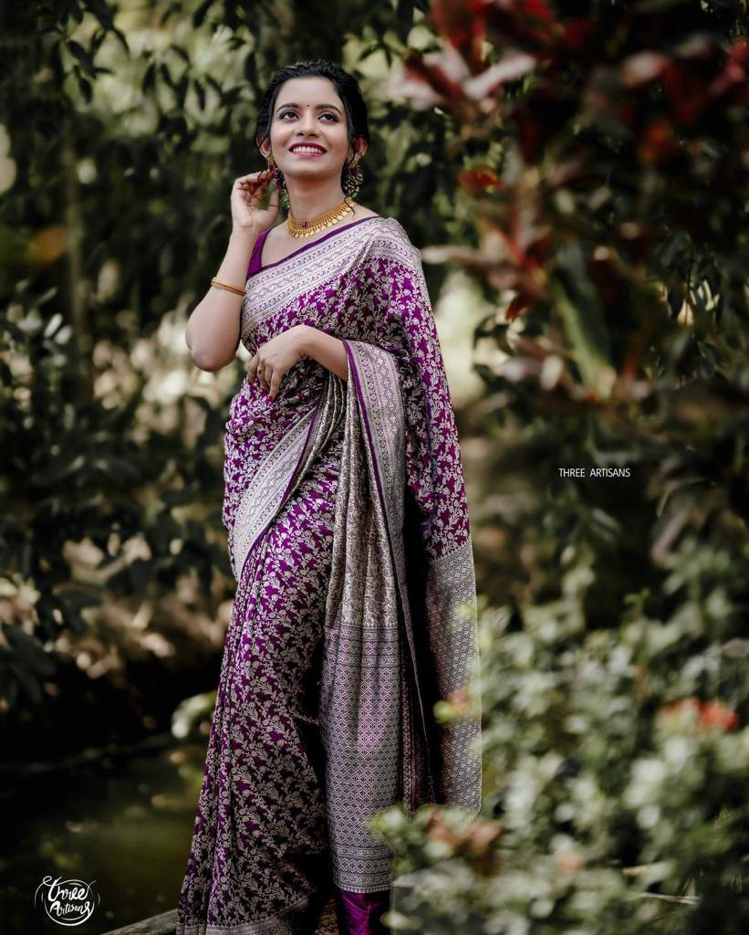 Magenta Floral Printed Silk Saree