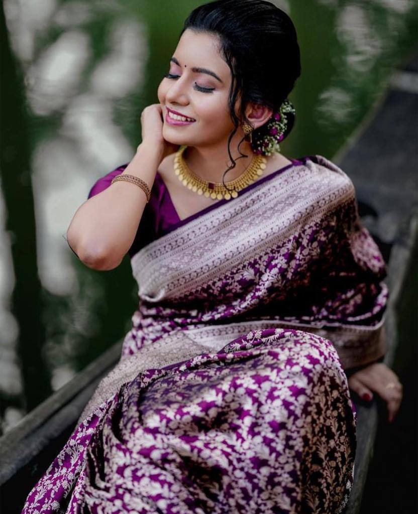 Magenta Floral Printed Silk Saree