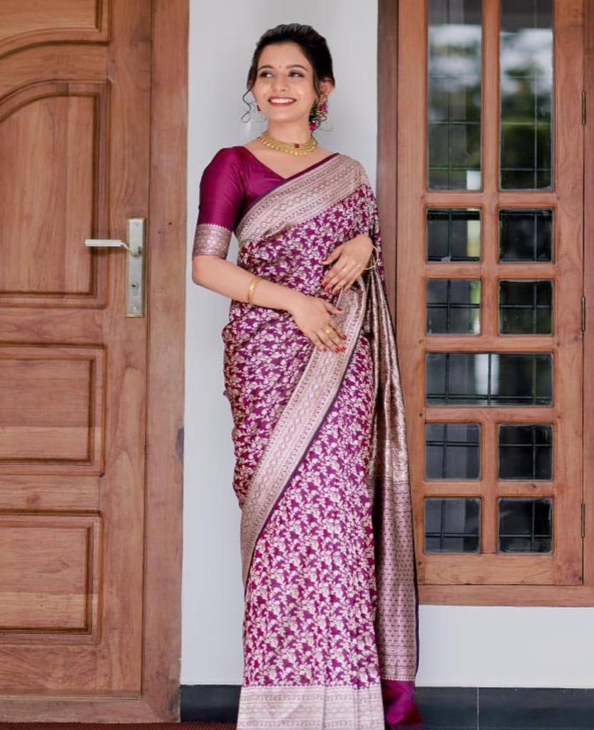Magenta Floral Printed Silk Saree