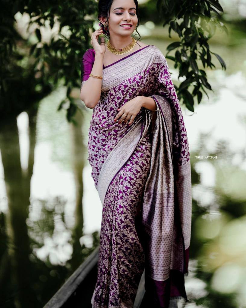 Magenta Floral Printed Silk Saree