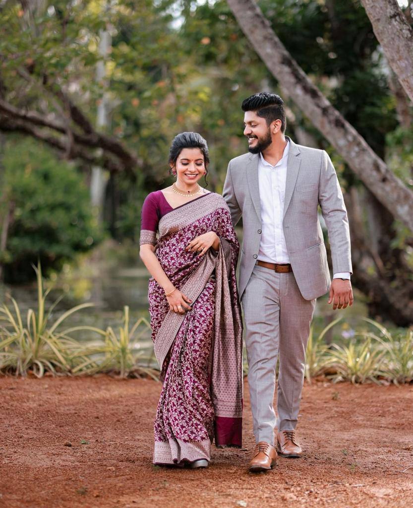 Magenta Floral Printed Silk Saree