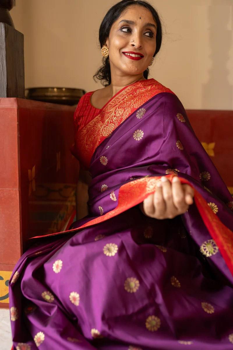 Royal Purple Banarasi Silk Saree with Red Zari Border