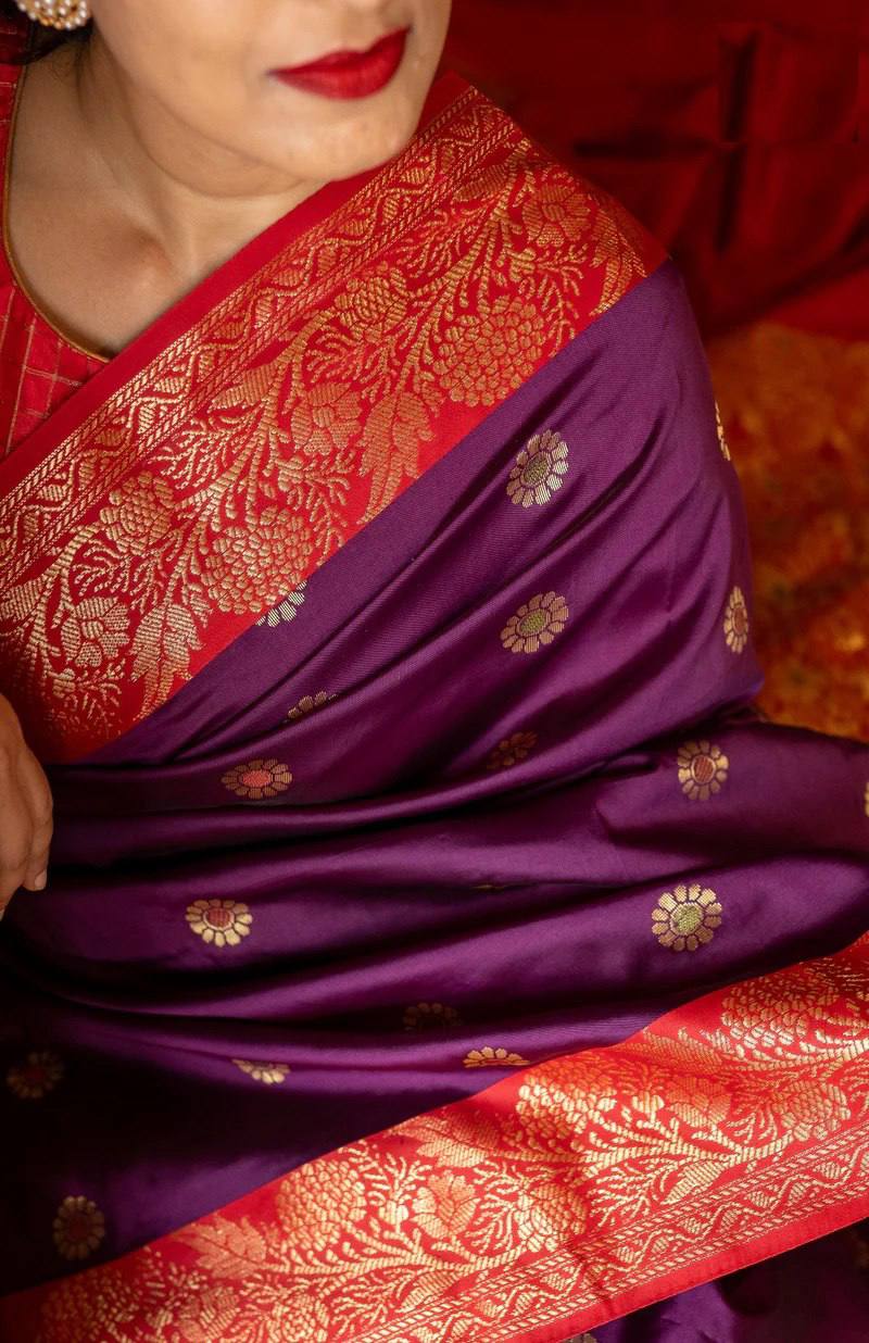 Royal Purple Banarasi Silk Saree with Red Zari Border