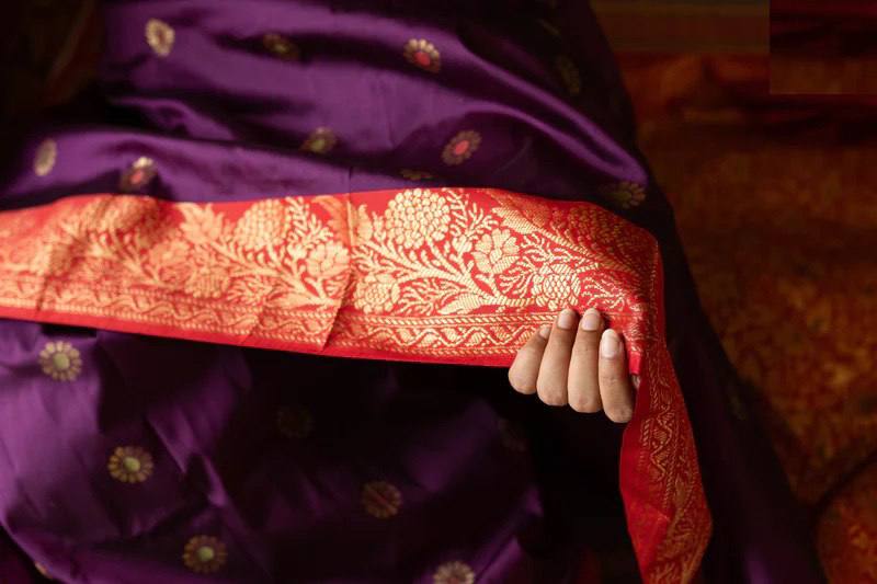 Royal Purple Banarasi Silk Saree with Red Zari Border