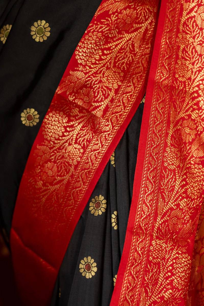 Black & Red Banarasi Silk Saree with Gold Zari