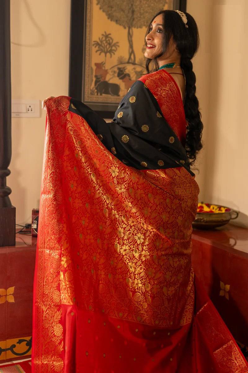 Black & Red Banarasi Silk Saree with Gold Zari