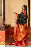 Black & Red Banarasi Silk Saree with Gold Zari