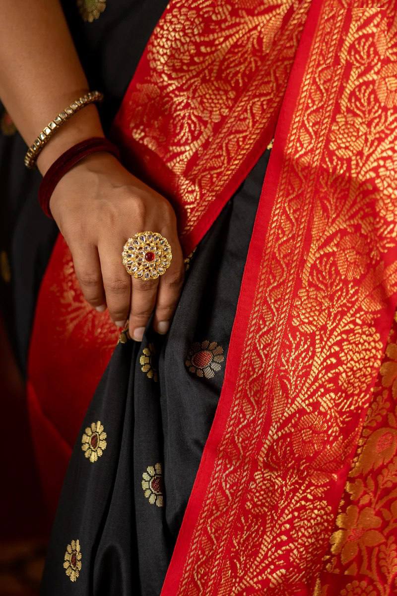 Black & Red Banarasi Silk Saree with Gold Zari