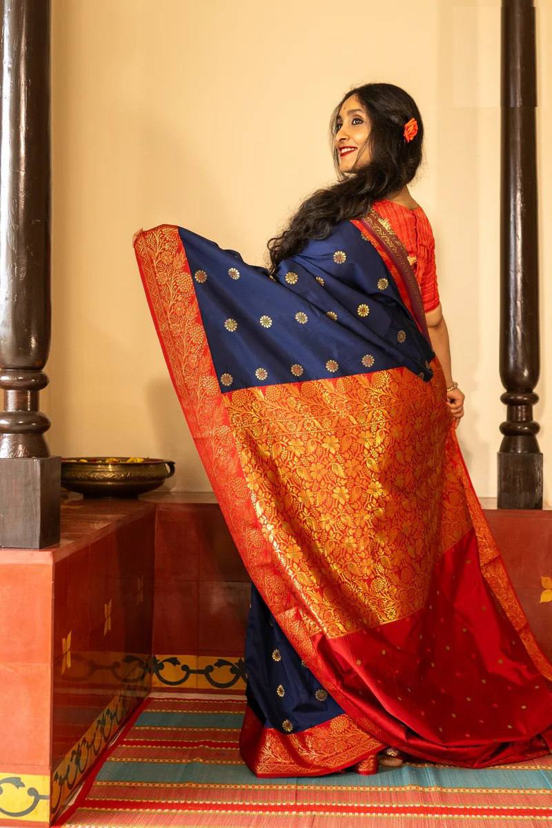 Navy Blue & Red Banarasi Silk Saree