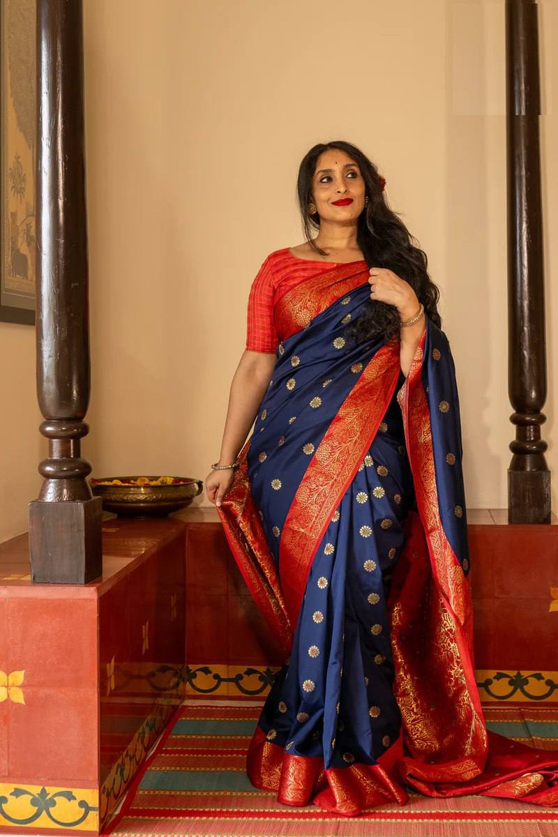 Navy Blue & Red Banarasi Silk Saree