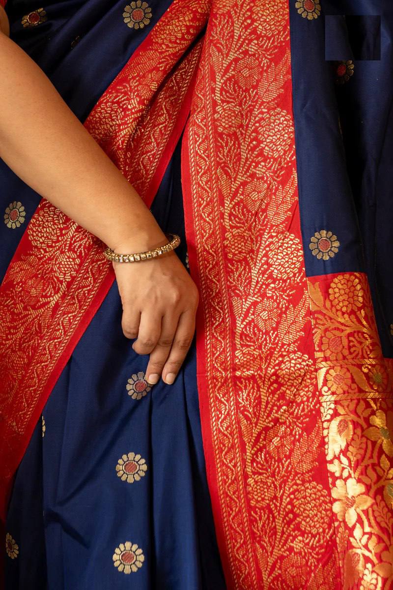 Navy Blue & Red Banarasi Silk Saree