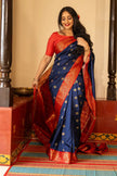 Navy Blue & Red Banarasi Silk Saree