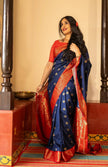 Navy Blue & Red Banarasi Silk Saree