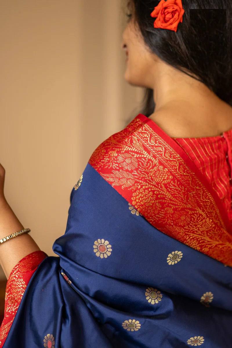 Navy Blue & Red Banarasi Silk Saree