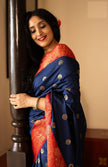 Navy Blue & Red Banarasi Silk Saree