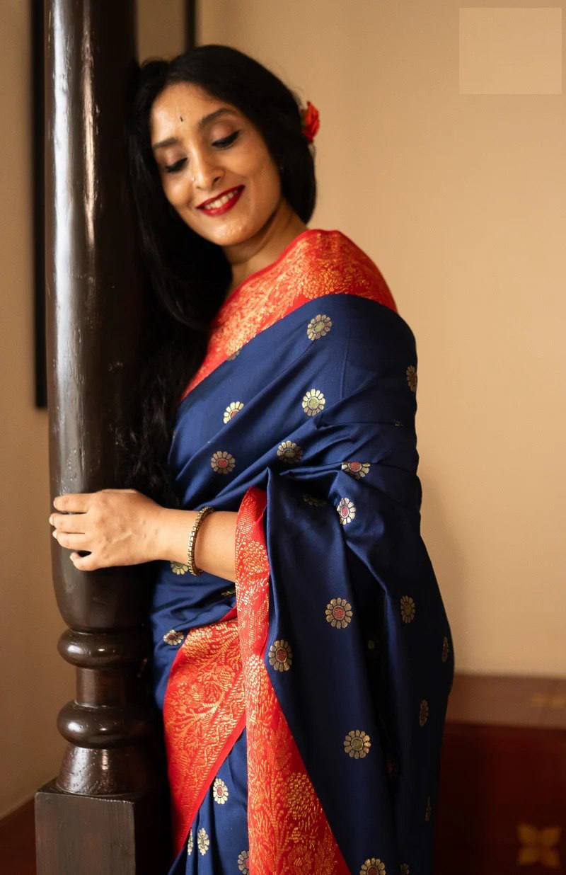 Navy Blue & Red Banarasi Silk Saree