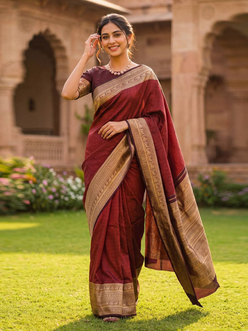 Maroon Silk Saree with Antique Gold Zari Border