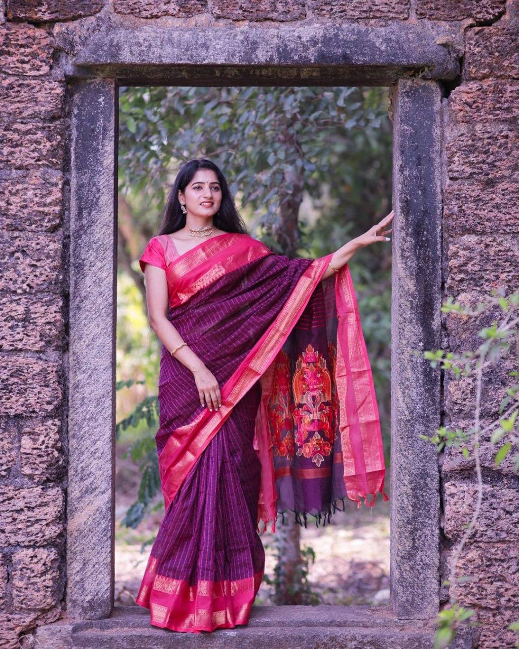 Purple & Pink Silk Saree with Woven Border