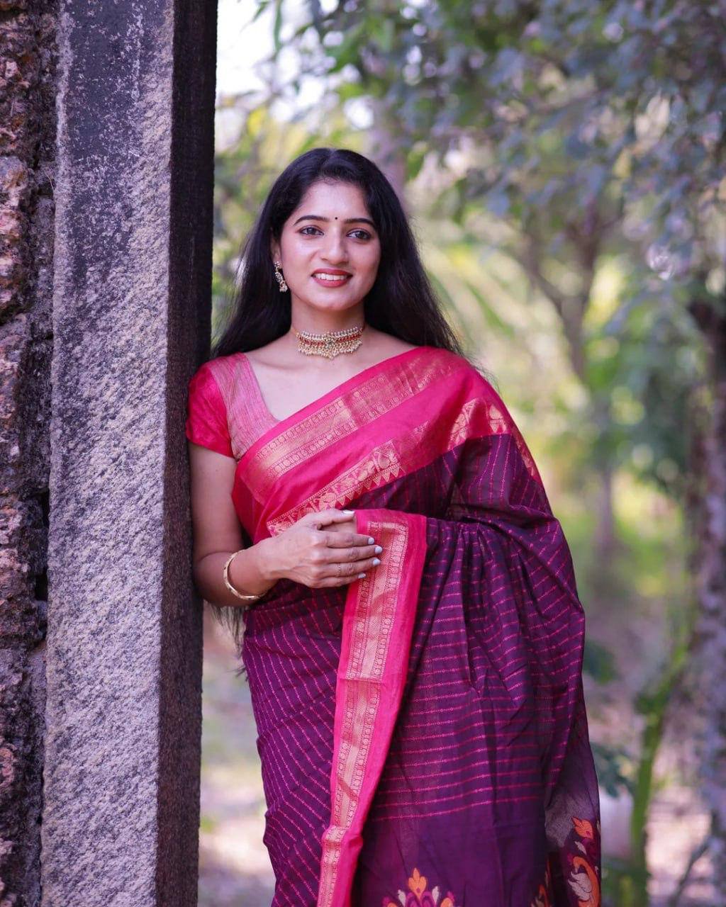 Purple & Pink Silk Saree with Woven Border