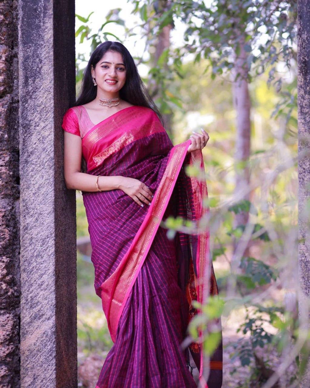 Purple & Pink Silk Saree with Woven Border