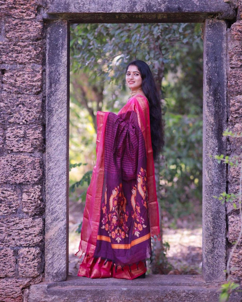 Purple & Pink Silk Saree with Woven Border