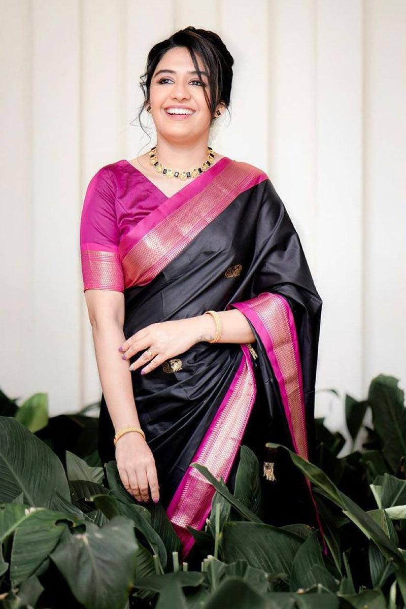 Black & Magenta Silk Saree with Zari Border