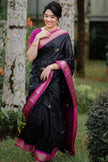 Black & Magenta Silk Saree with Zari Border