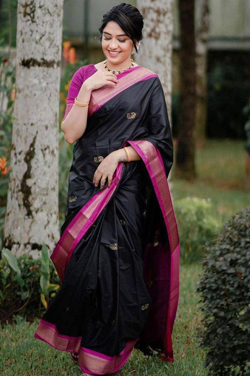 Black & Magenta Silk Saree with Zari Border