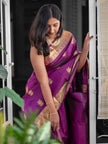 Royal Purple Silk Saree with Antique Gold Zari Motifs & Border