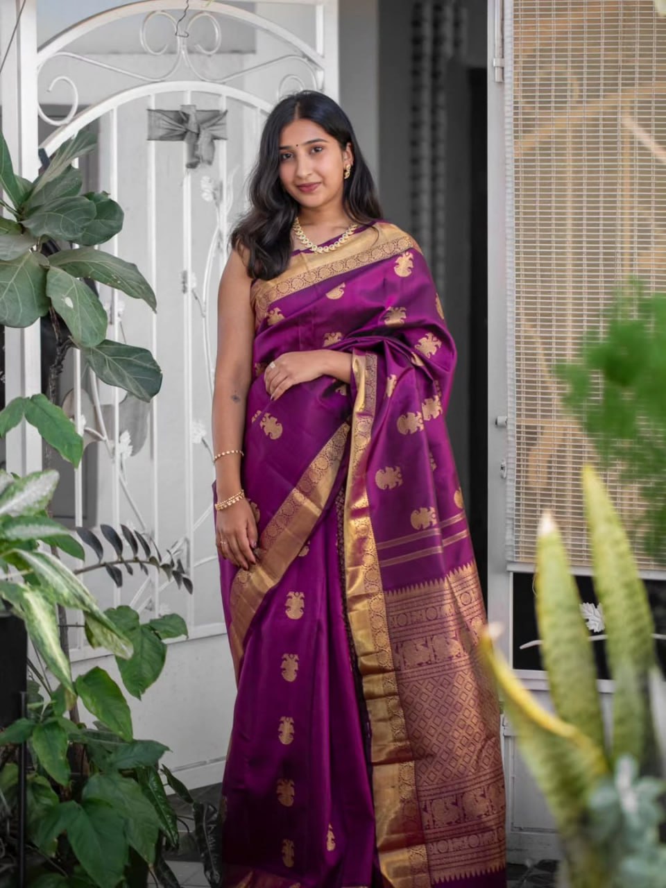 Royal Purple Silk Saree with Antique Gold Zari Motifs & Border