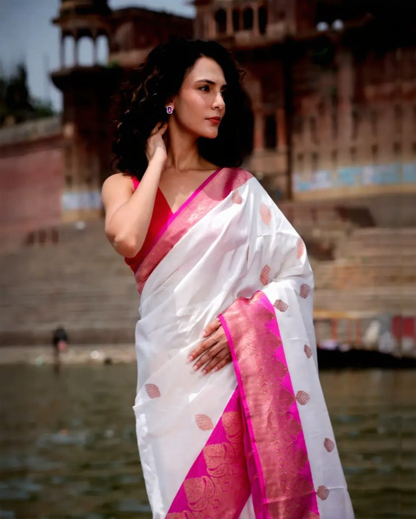 Elegant White & Magenta Banarasi Silk Saree with Floral Zari Border