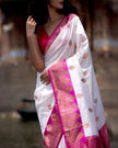 Elegant White & Magenta Banarasi Silk Saree with Floral Zari Border
