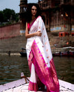Elegant White & Magenta Banarasi Silk Saree with Floral Zari Border
