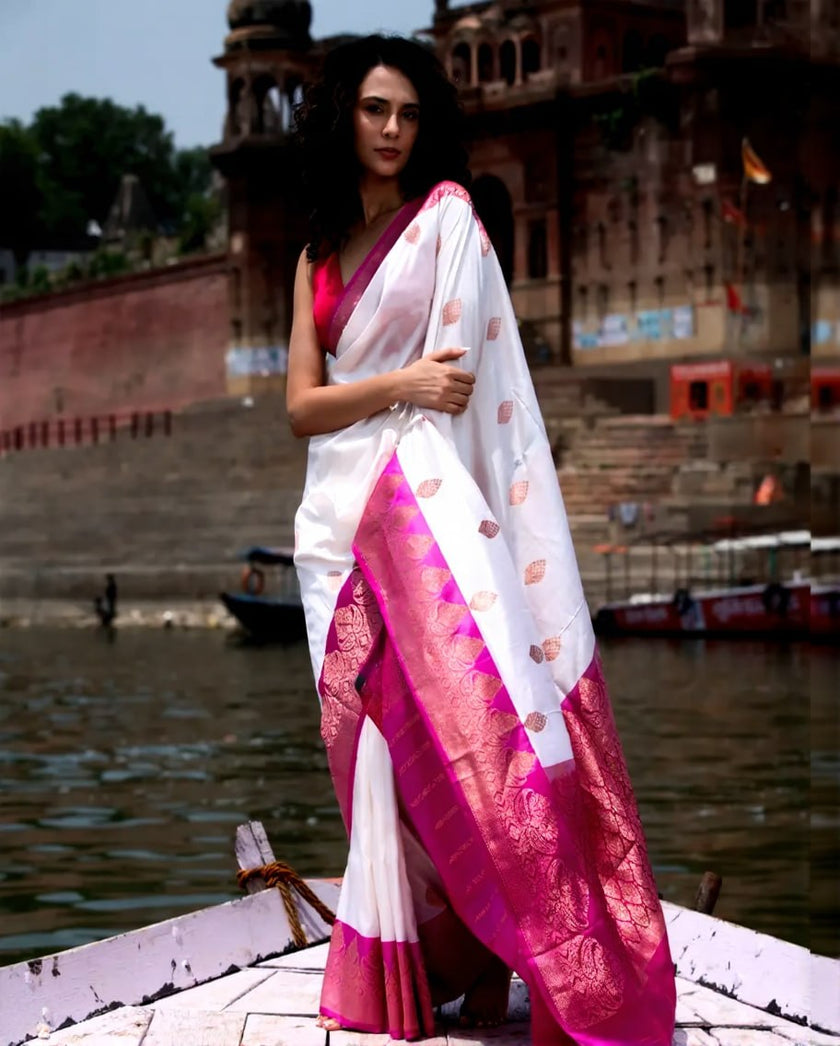 Elegant White & Magenta Banarasi Silk Saree with Floral Zari Border