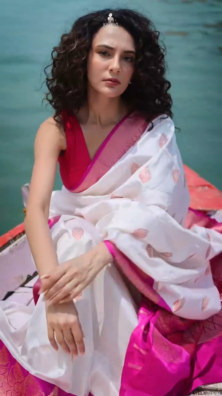 Elegant White & Magenta Banarasi Silk Saree with Floral Zari Border