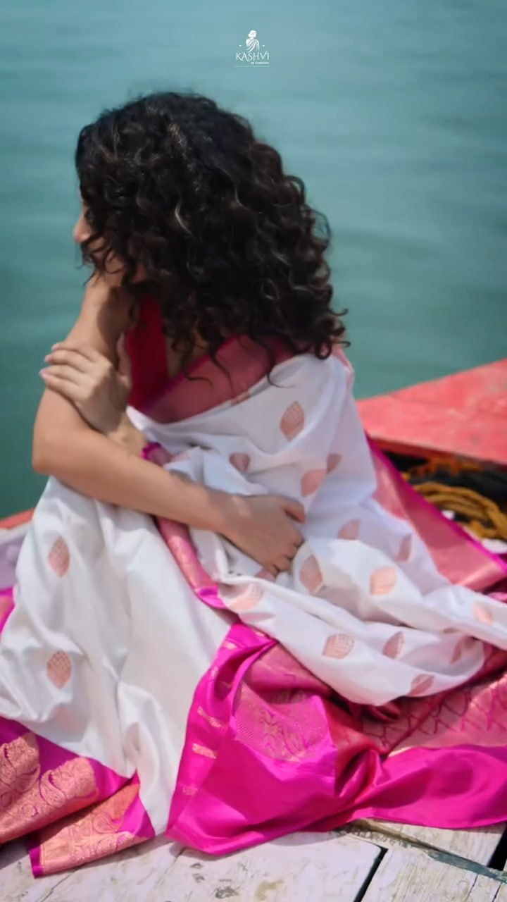 Elegant White & Magenta Banarasi Silk Saree with Floral Zari Border