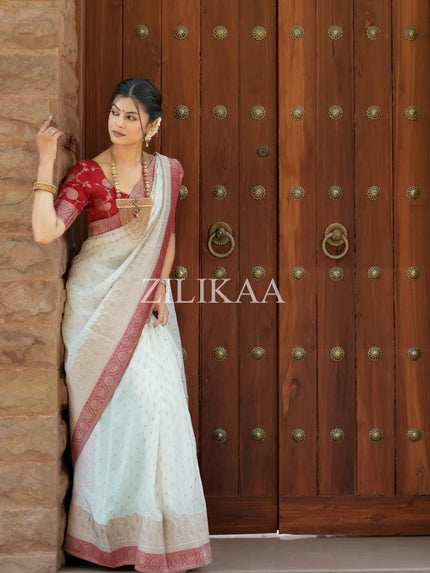 Off White and Red Silk Saree with Woven Border