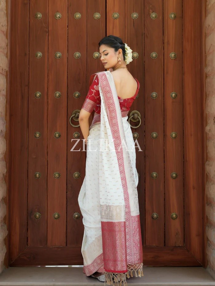 Off White and Red Silk Saree with Woven Border
