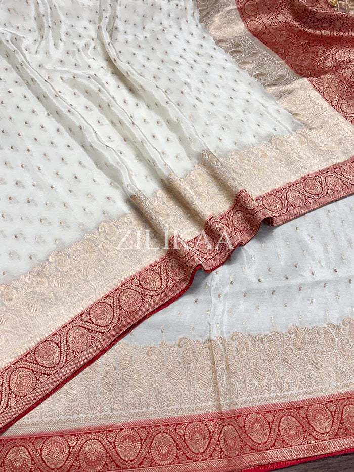 Off White and Red Silk Saree with Woven Border