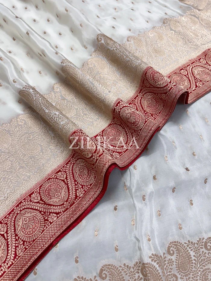 Off White and Red Silk Saree with Woven Border