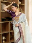 Off White and Purple Silk Saree with Woven Border