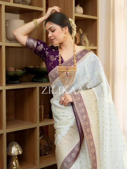 Off White and Purple Silk Saree with Woven Border