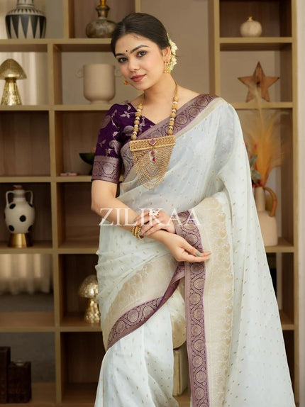 Off White and Purple Silk Saree with Woven Border
