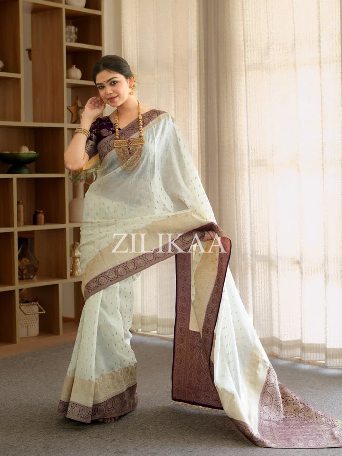 Off White and Purple Silk Saree with Woven Border