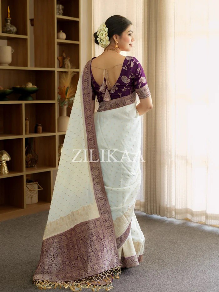 Off White and Purple Silk Saree with Woven Border