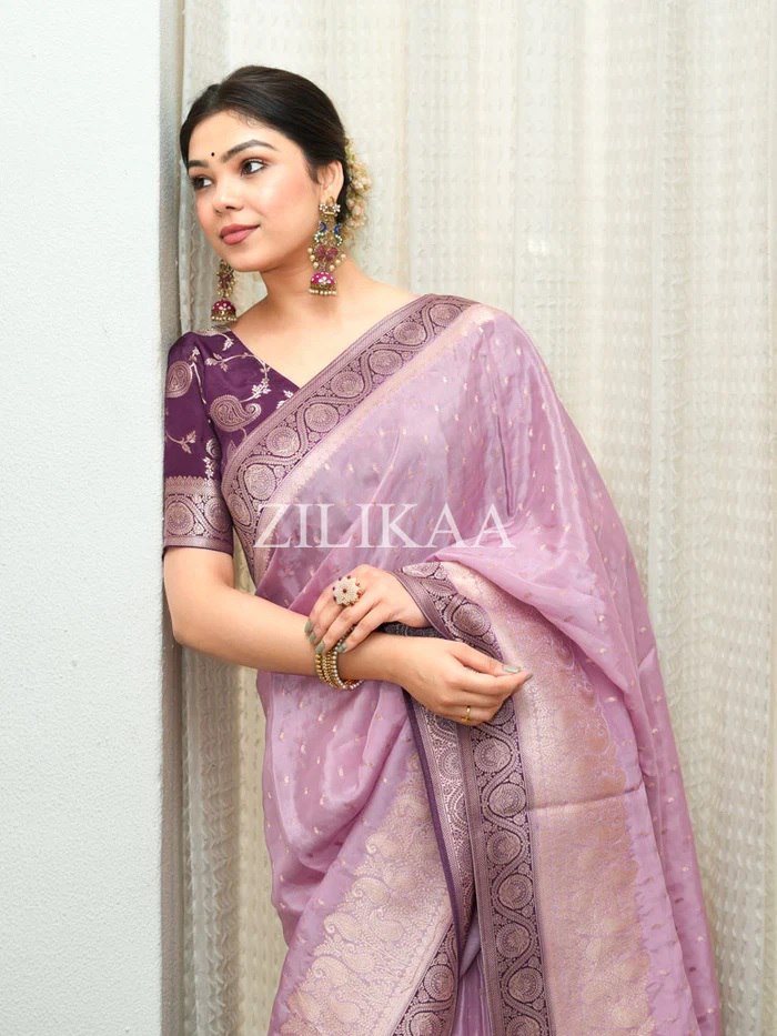 Lilac Mauve and Wine Purple Silk Saree with Woven Border