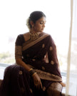Praveena - Maroon Organza Silk Saree with Floral Zari Motifs and Brocade Border